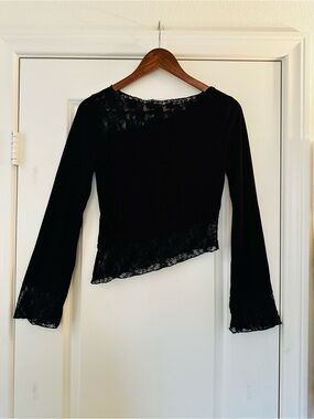 Planet Heart Black Lace Asymmetrical Long Sleeve Top Whimsigoth Y2K Medium